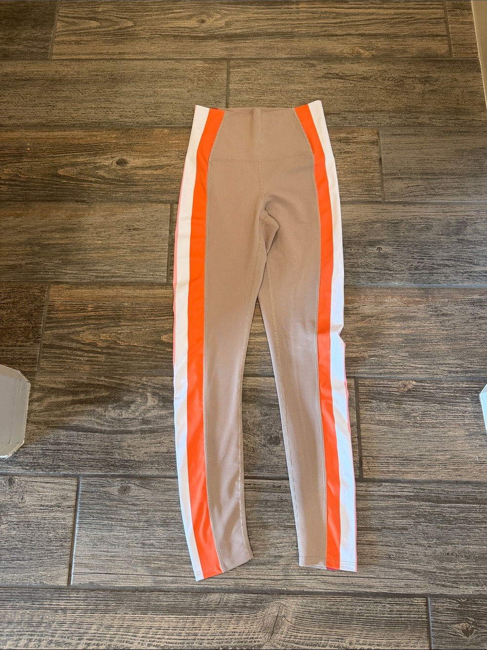 Beach Riot Taupe Leggings with Orange pink & White Side Stripes